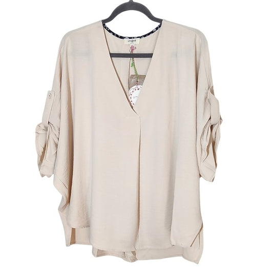 Umgee Cream Oversized V-Neck Blouse Size Medium NWT