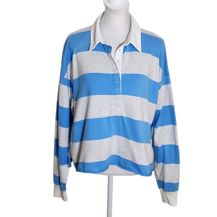 aerie Blue and Gray Stripe Cropped Rugby Shirt Size Small