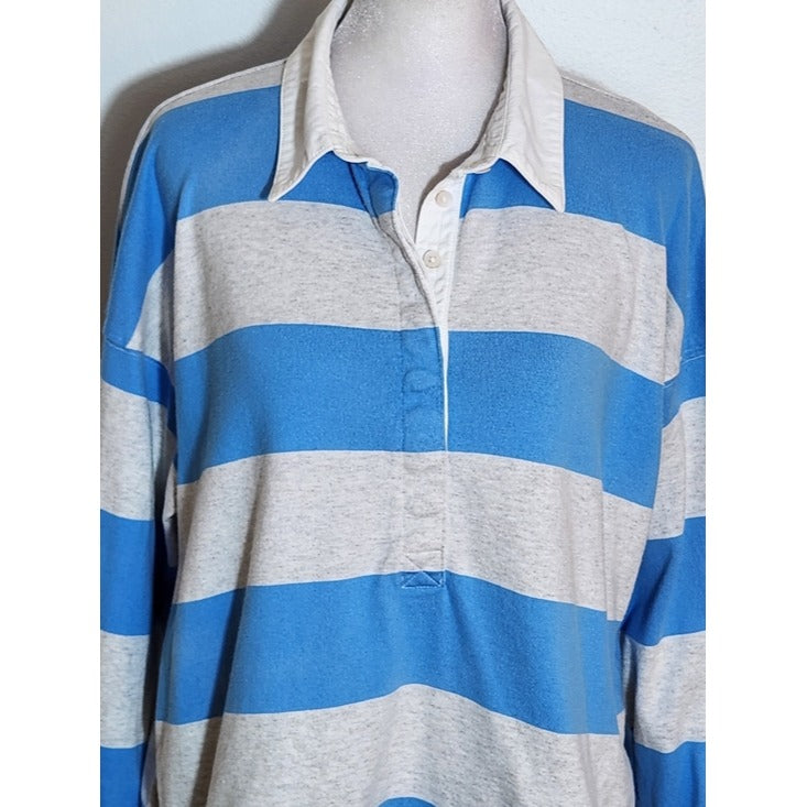 aerie Blue and Gray Stripe Cropped Rugby Shirt Size Small