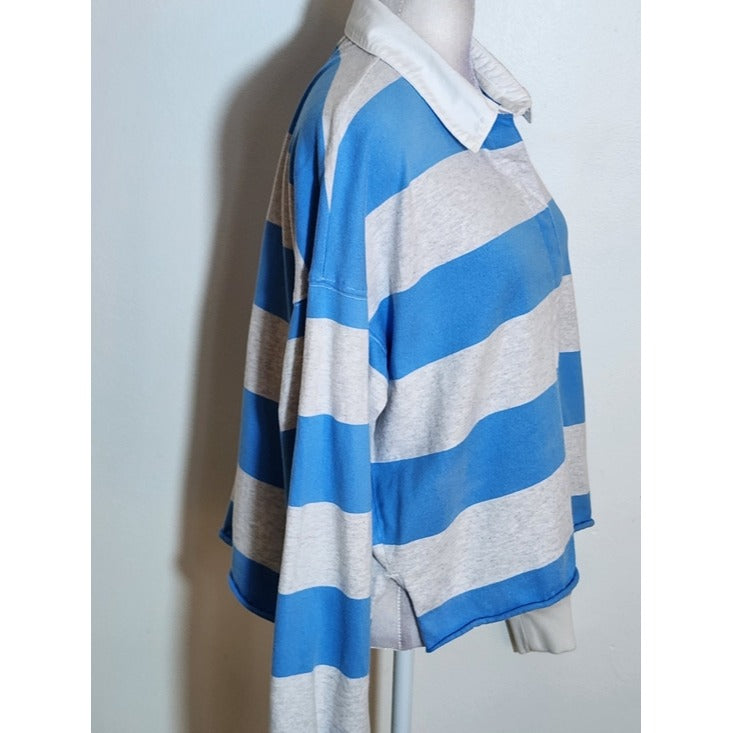 aerie Blue and Gray Stripe Cropped Rugby Shirt Size Small