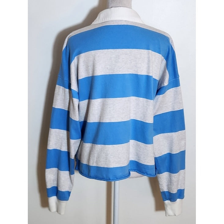 aerie Blue and Gray Stripe Cropped Rugby Shirt Size Small