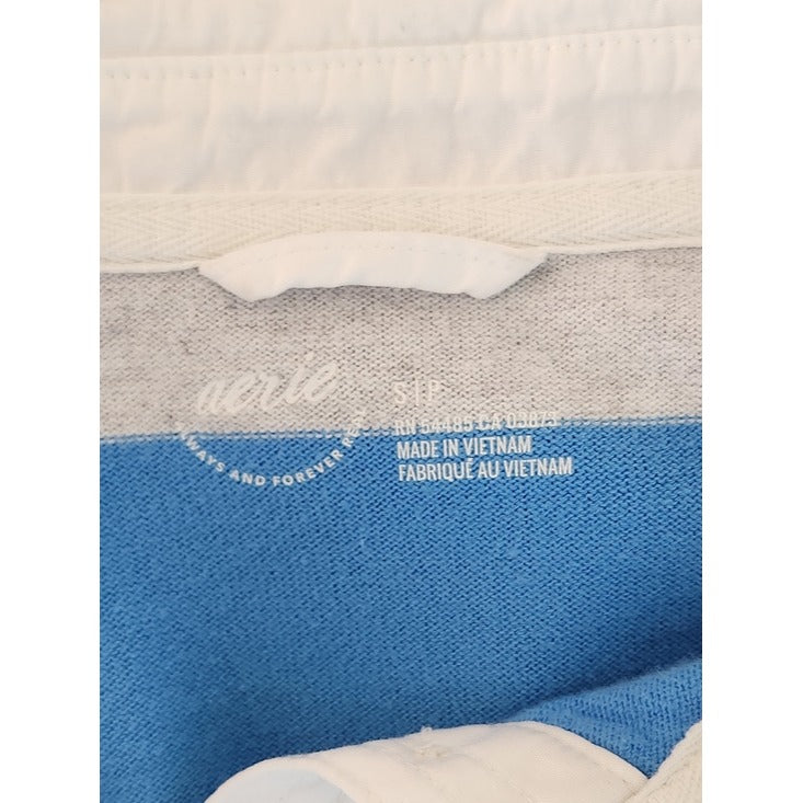 aerie Blue and Gray Stripe Cropped Rugby Shirt Size Small