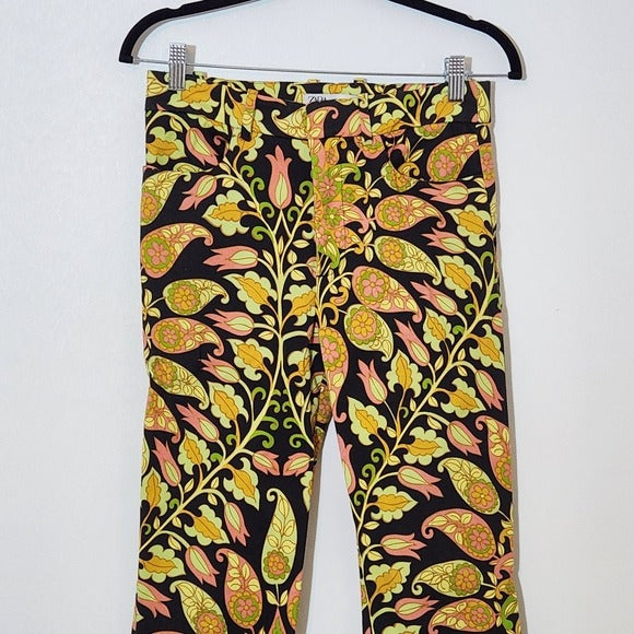 Zara Black Floral Paisley Flare Pants Size Small Zara Flare Leg Retro Pants