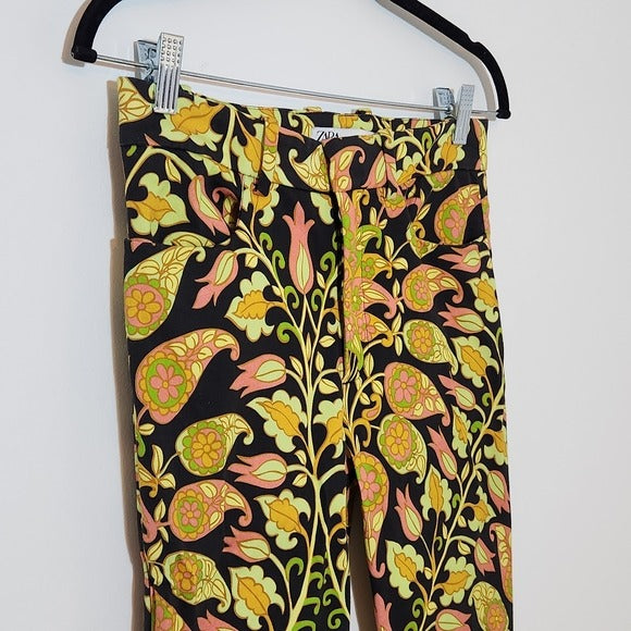 Zara Black Floral Paisley Flare Pants Size Small Zara Flare Leg Retro Pants