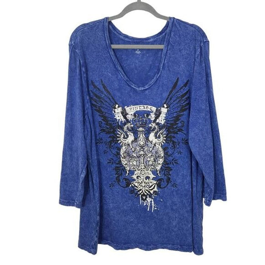 Westbound Blue Embellished Graphic T-Shirt Size 2X Plus Size Blue Graphic Tee