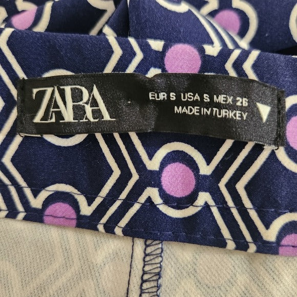 Zara Navy and Purple Retro print Flare Leg Cropped Pants Size Small