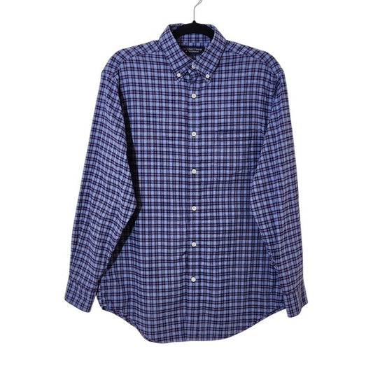 Roundtree & Yorke Men's Blue Plaid Shirt Size Medium Blue and Purple Men's Shirt