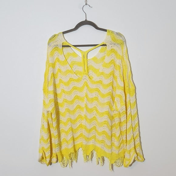 POL Yellow and White Oversized Sweater Size Large Yellow Distressed Sweater