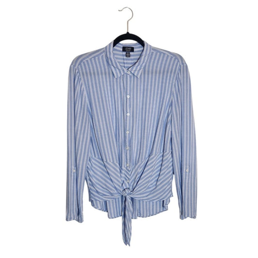 Jones New York Blue and White Stripe Button Down Top with Tie Front Size Large