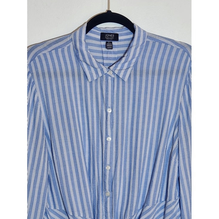 Jones New York Blue and White Stripe Button Down Top with Tie Front Size Large