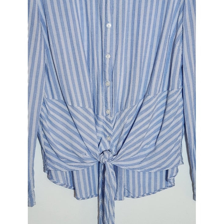 Jones New York Blue and White Stripe Button Down Top with Tie Front Size Large