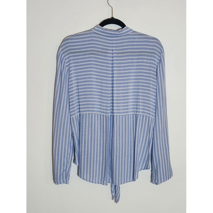 Jones New York Blue and White Stripe Button Down Top with Tie Front Size Large