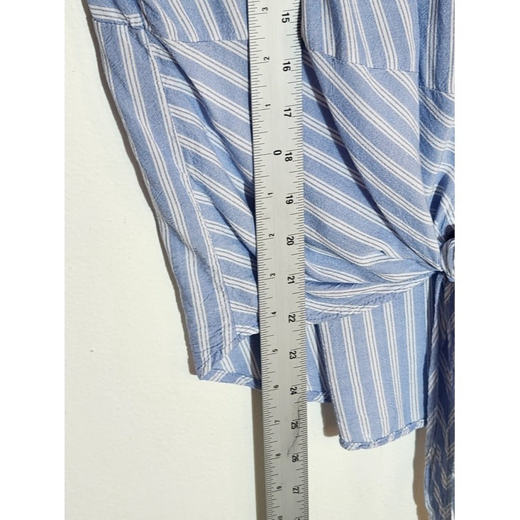 Jones New York Blue and White Stripe Button Down Top with Tie Front Size Large
