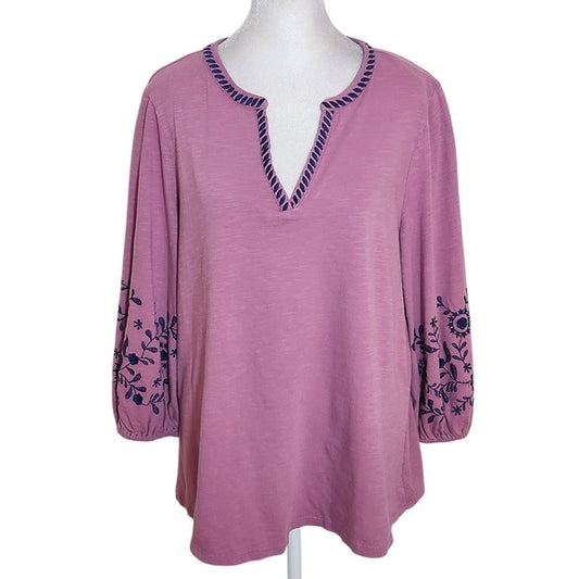 St. John’s Bay Boho Purple Top with Embroidered Detail Size Petite Large NWT