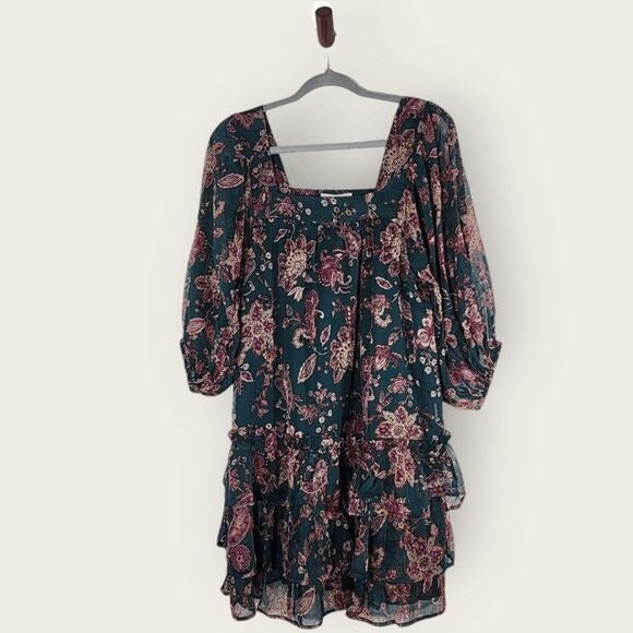 Band of the Free Green and Oxblood Paisley Boho Tiered Mini Dress Size Small New