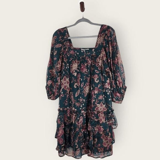 Band of the Free Green and Oxblood Paisley Boho Tiered Mini Dress Size Small New
