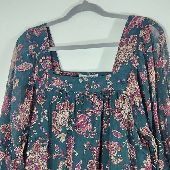 Band of the Free Green and Oxblood Paisley Boho Tiered Mini Dress Size Small New