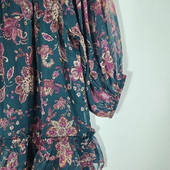 Band of the Free Green and Oxblood Paisley Boho Tiered Mini Dress Size Small New