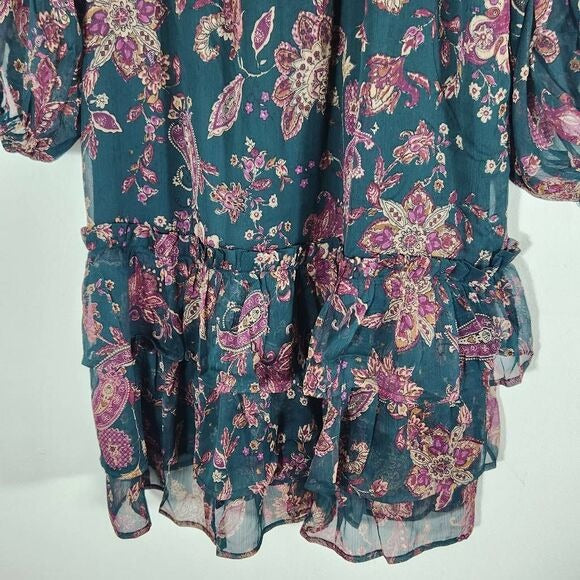 Band of the Free Green and Oxblood Paisley Boho Tiered Mini Dress Size Small New
