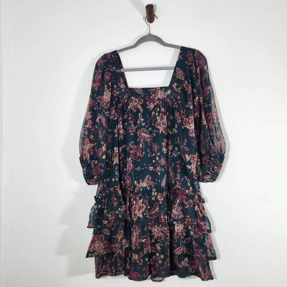 Band of the Free Green and Oxblood Paisley Boho Tiered Mini Dress Size Small New