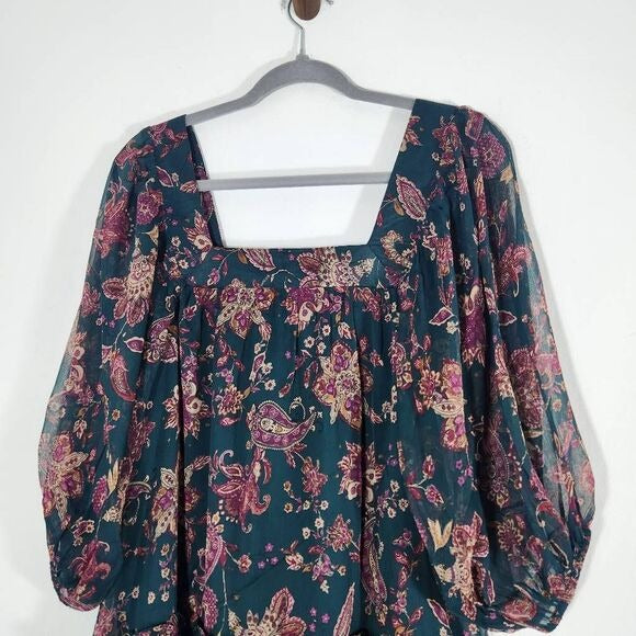 Band of the Free Green and Oxblood Paisley Boho Tiered Mini Dress Size Small New