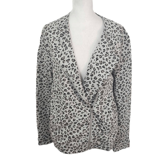 Joan Vass Gray Leopard Print Knit Moto Jacket Size Medium Gray Leopard Jacket