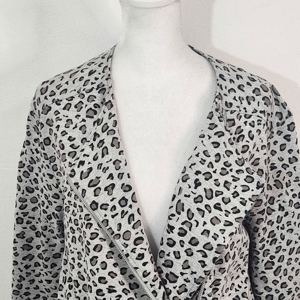 Joan Vass Gray Leopard Print Knit Moto Jacket Size Medium Gray Leopard Jacket