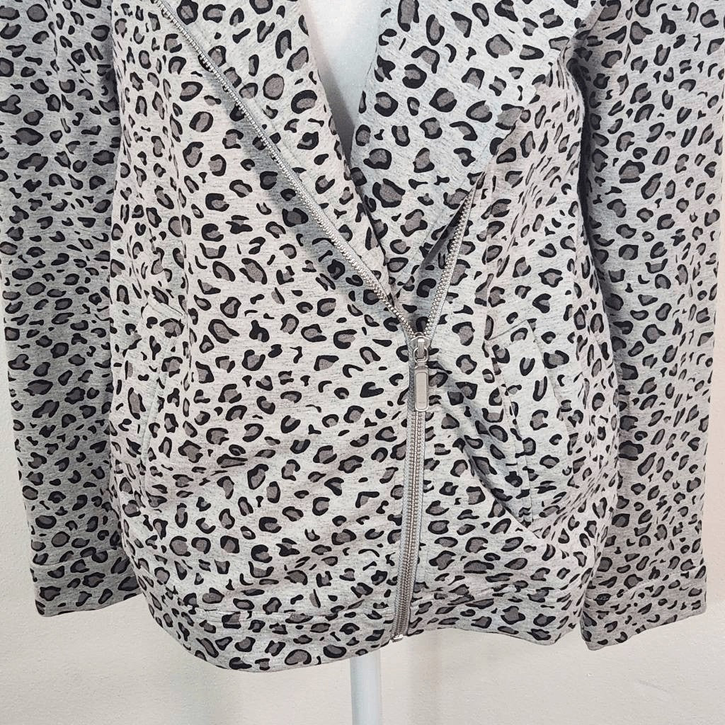 Joan Vass Gray Leopard Print Knit Moto Jacket Size Medium Gray Leopard Jacket