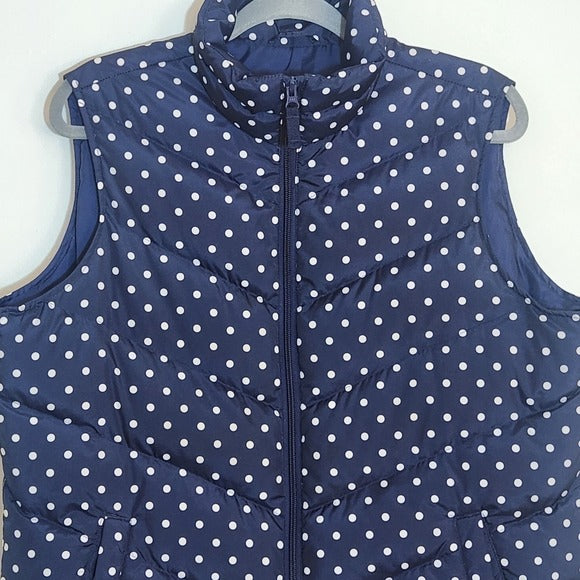 Lands’ End Navy and White Polka Dot Puffer Vest Size Large