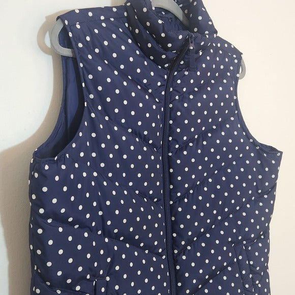 Lands’ End Navy and White Polka Dot Puffer Vest Size Large