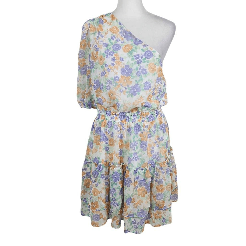 Wayf One Shoulder Floral Chiffon Mini Dress NWT Size Medium Wedding Guest Dress