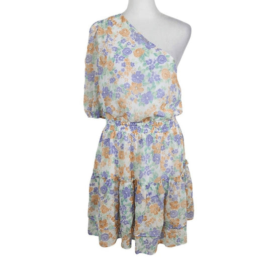Wayf One Shoulder Floral Chiffon Mini Dress NWT Size Medium Wedding Guest Dress