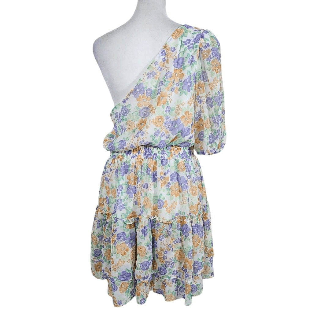 Wayf One Shoulder Floral Chiffon Mini Dress NWT Size Medium Wedding Guest Dress