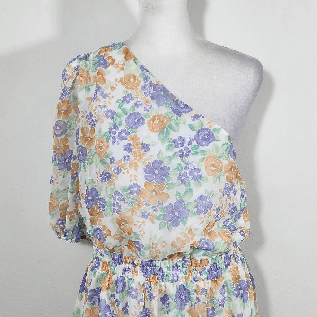 Wayf One Shoulder Floral Chiffon Mini Dress NWT Size Medium Wedding Guest Dress