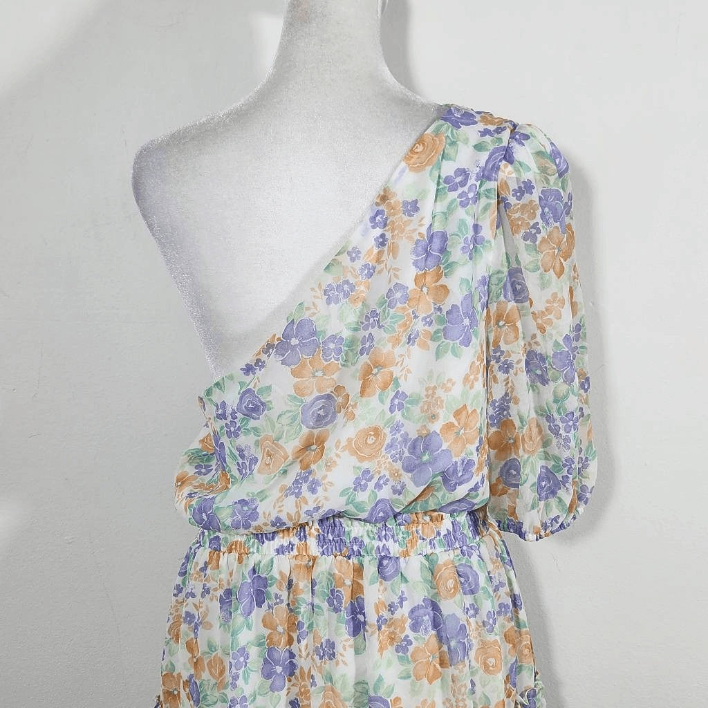 Wayf One Shoulder Floral Chiffon Mini Dress NWT Size Medium Wedding Guest Dress