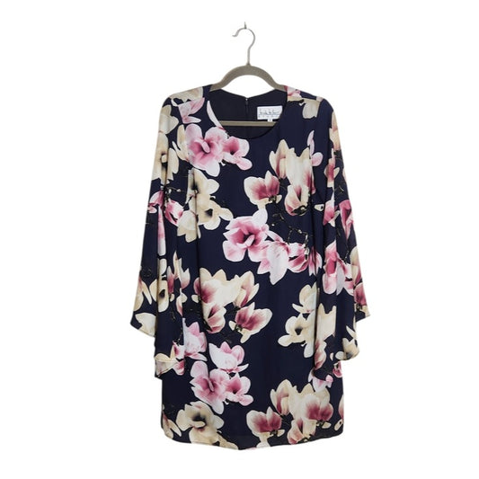 Nicole Miller Navy Floral Bell Sleeve Shift Dress Size 8 Wedding Guest Dress