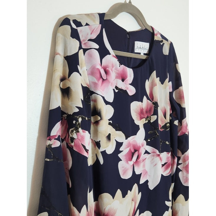 Nicole Miller Navy Floral Bell Sleeve Shift Dress Size 8 Wedding Guest Dress