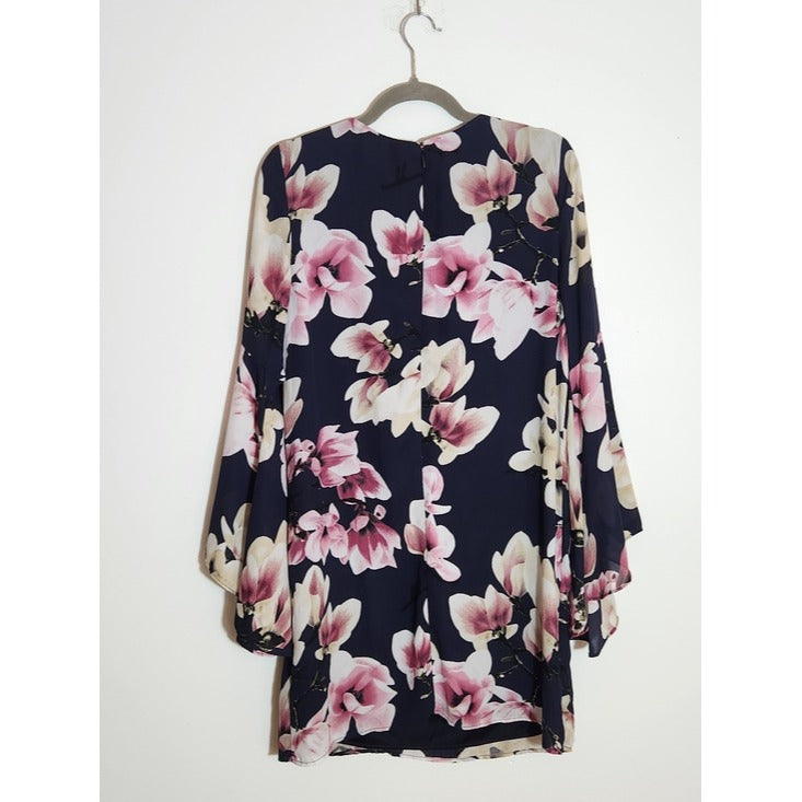Nicole Miller Navy Floral Bell Sleeve Shift Dress Size 8 Wedding Guest Dress