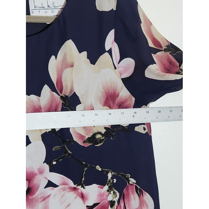 Nicole Miller Navy Floral Bell Sleeve Shift Dress Size 8 Wedding Guest Dress
