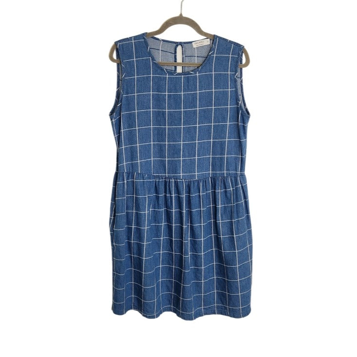 LA Relaxed Blue Denim Grid Print Sleeveless Mini Dress Size Medium