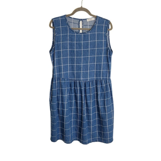 LA Relaxed Blue Denim Grid Print Sleeveless Mini Dress Size Medium