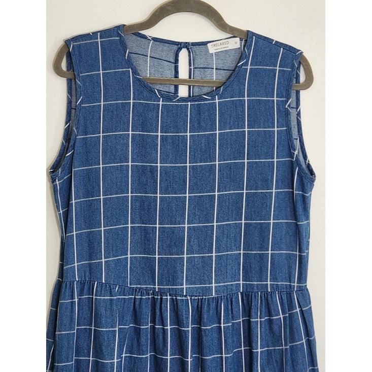 LA Relaxed Blue Denim Grid Print Sleeveless Mini Dress Size Medium