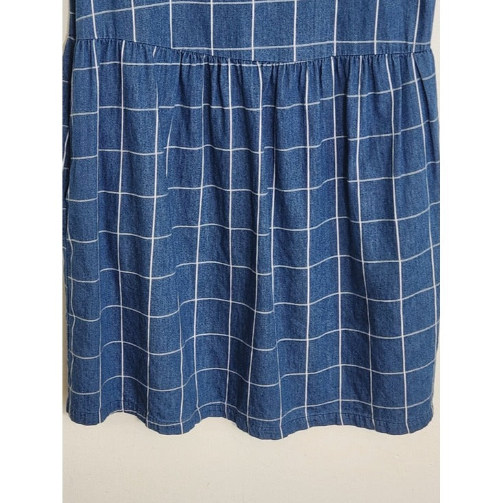 LA Relaxed Blue Denim Grid Print Sleeveless Mini Dress Size Medium