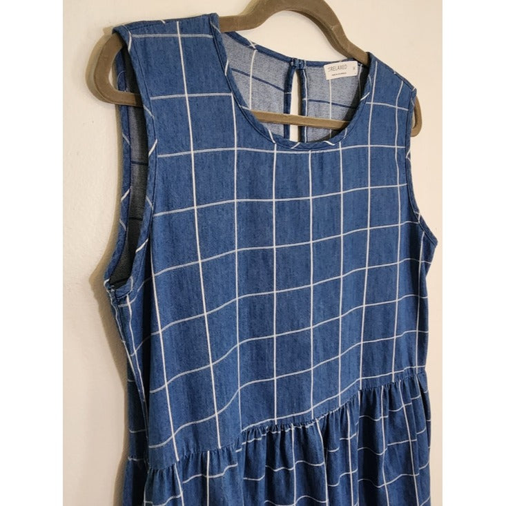 LA Relaxed Blue Denim Grid Print Sleeveless Mini Dress Size Medium