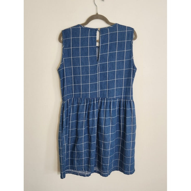 LA Relaxed Blue Denim Grid Print Sleeveless Mini Dress Size Medium