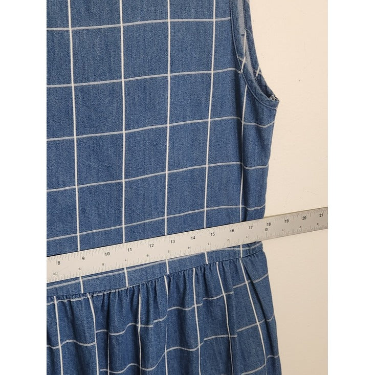 LA Relaxed Blue Denim Grid Print Sleeveless Mini Dress Size Medium
