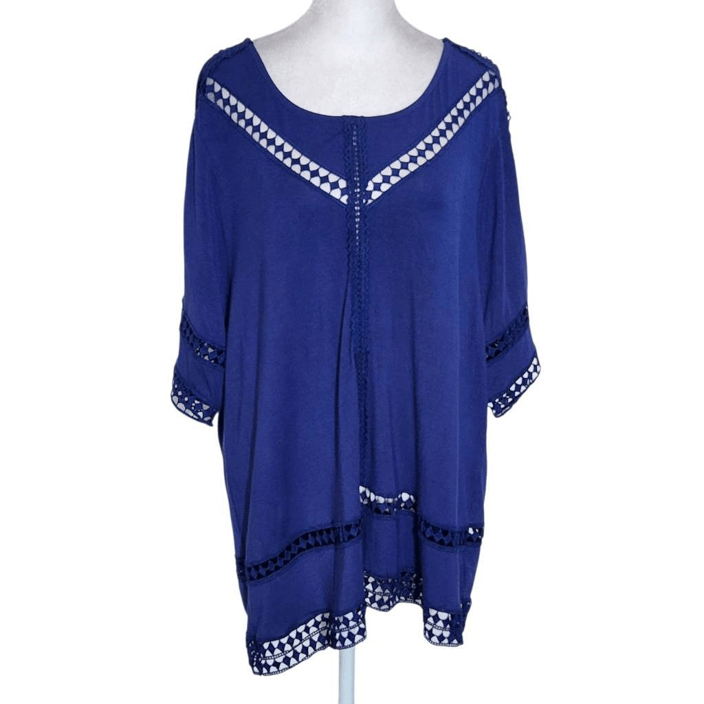 Valerie Stevens Navy Top with Crochet Lace Accents Size XL Navy Blouse