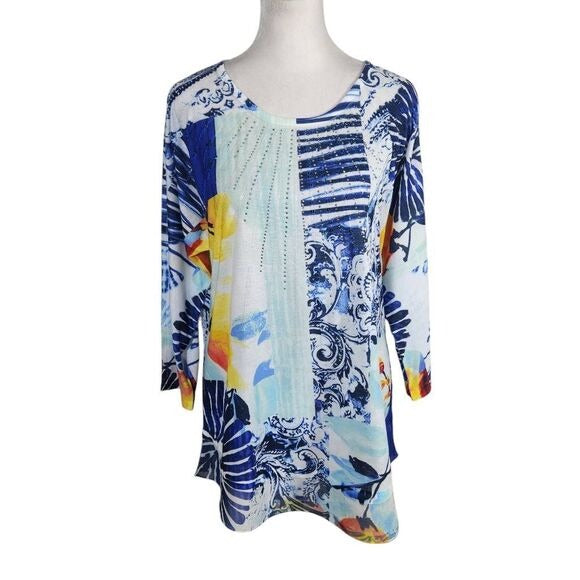 Christopher & Banks Blue and Orange Tee with Sequins and Sparkles Size Medium