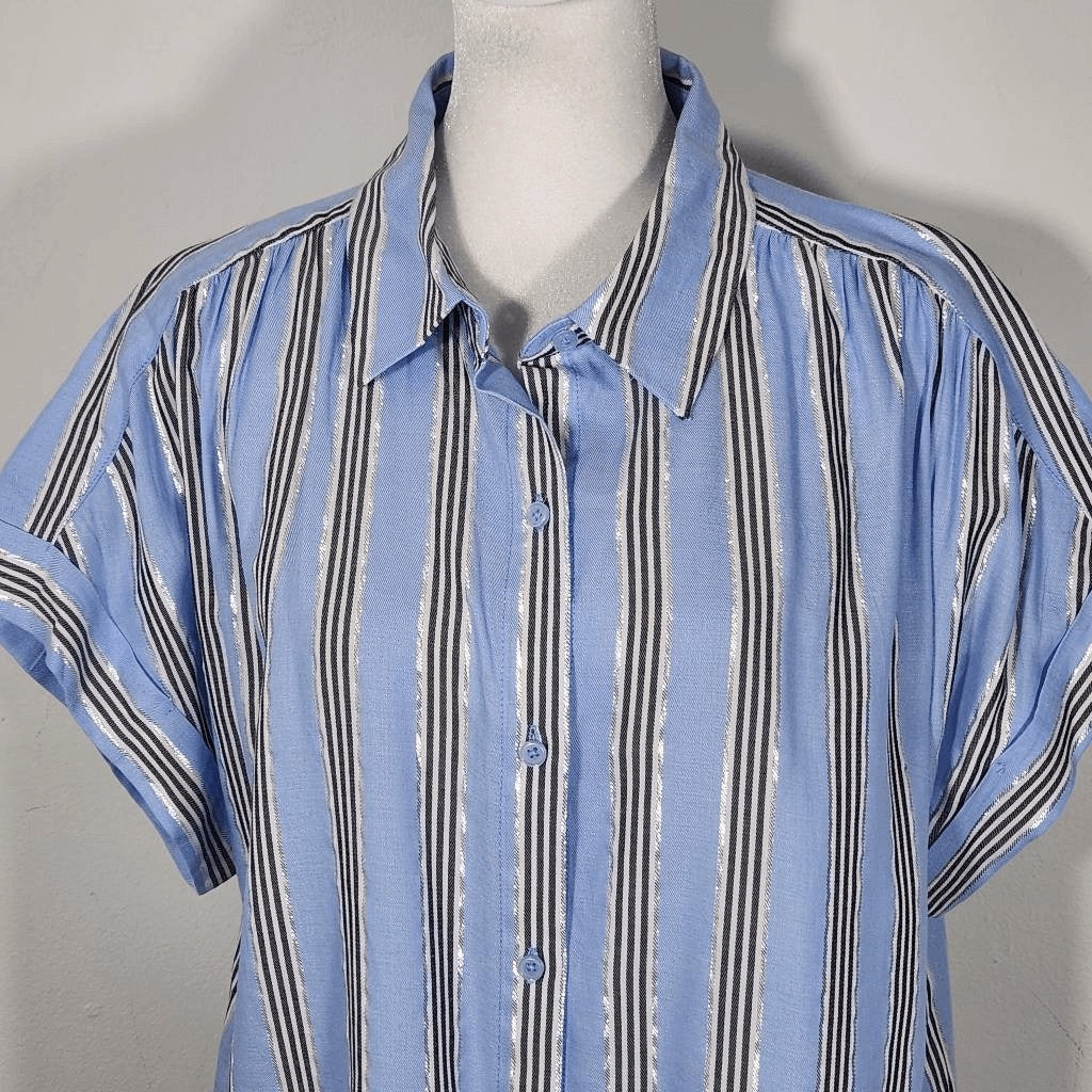 DKNY Blue Striped Button Down Shirt with Silver Metallic Accents NWT Size Medium