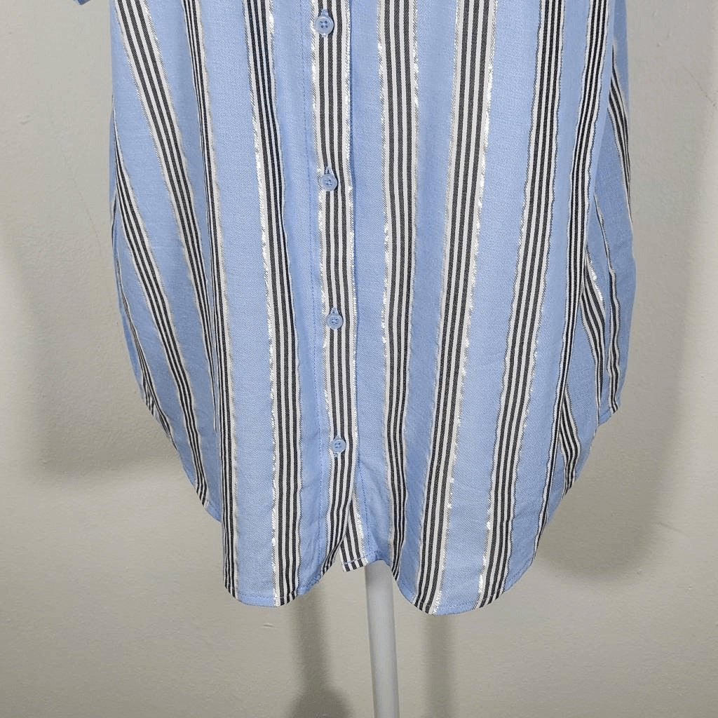 DKNY Blue Striped Button Down Shirt with Silver Metallic Accents NWT Size Medium